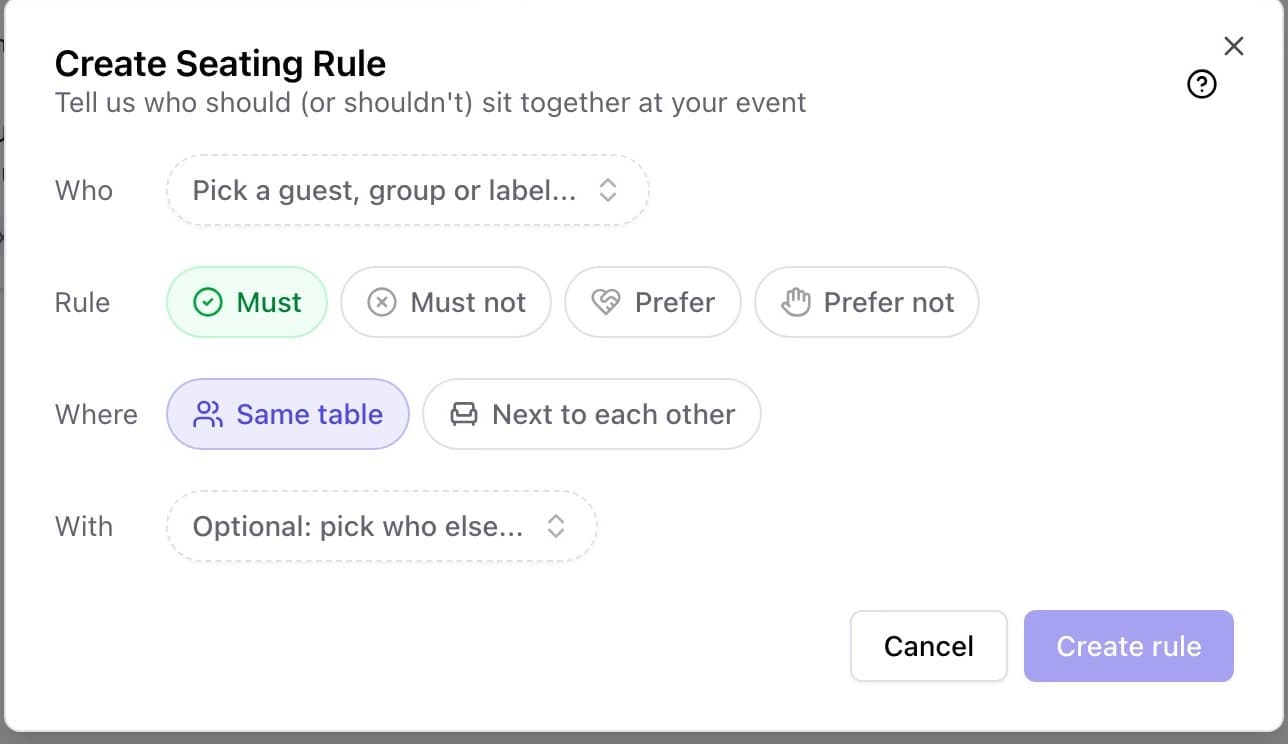 The Create Seating Rule window